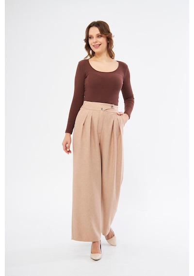 Lovelf Bol Paça Yünefekt Pantolon Bej