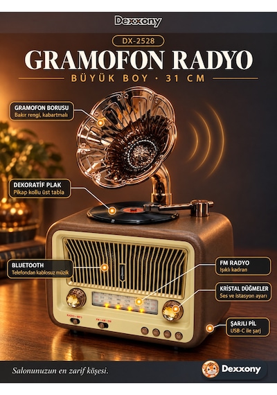 Dexxony Dx-2528 Kahverengi Nostaljik Radyo Retro Gramofon Büyük Boy Şarjlı Bluetooth Hoparlör Fm Usb