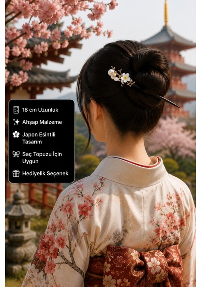 Sakura Pearl Ahşap Saç Çubuğu Japon Esintili Çiçek Ve İnci Detaylı Saç Tokası Çok Renkli