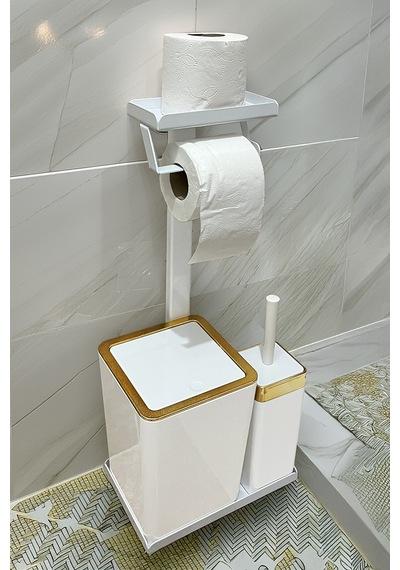 3'ü 1 Arada Banyo Seti Tuvalet Kağıtlık, Çöp Kovası Ve Tuvalet Fırça Takımı Altın - Beyaz