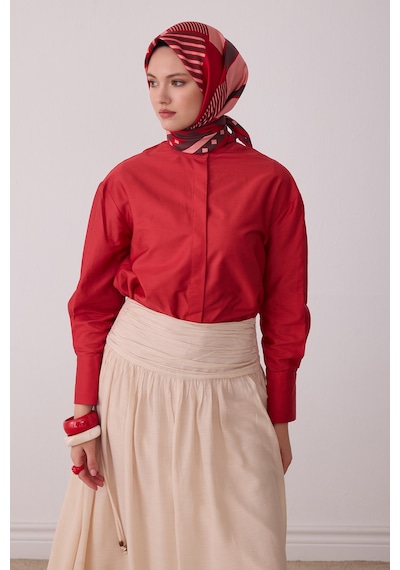 Belli Geometrik Desen %100 Twill İpek Eşarp Be01 Kırmızı