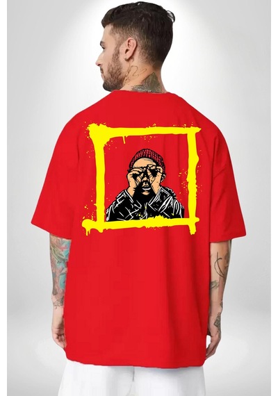 Fantastik Sanatsal Yeni Nesil Kırmızı Bere El İle Dürbün Kırmızı Oversize Unisex Ön Ve Sırt Baskılı Tişört Kırmızı