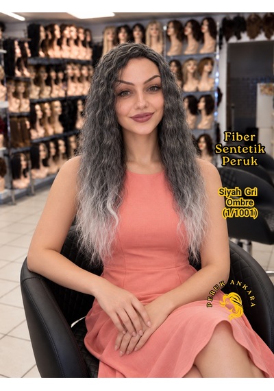 Afro Dalgası Peruk Fiber Sentetik Siyah Gri Ombre