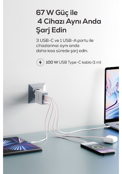 Hızlı Şarj Adaptörü 67w Gan + Type-c Kablo 100w Pd 4 Port, İphone & Samsung Uyumlu V0102012