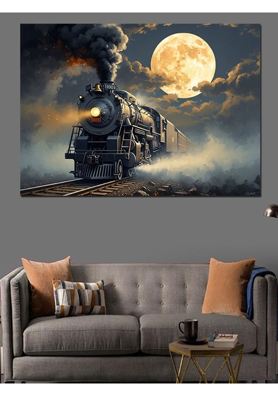 Gece Yolunda Buhar Saçan Tren Dekoratif Kanvas - Mdf Ahşap Tablo