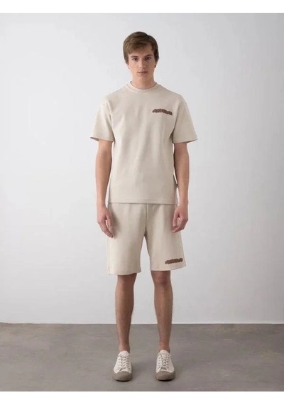 Erkek Çocuk Sırt Baskılı Pamuklu Oversize T-shirt Şort Takım-15798 Bej