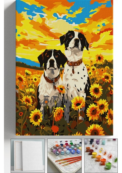Sayılarla Boyama Seti Numaralı Tuval Fırça Boya Askı Aparatı Dahil Set 40x50 Cm - Ay Çiçeği İçinde Köpekler