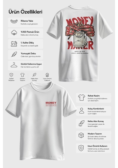 Spoyi Money Maker Tasarımlı %100 Pamuk Yarım Oversize Beyaz T-xlhirt