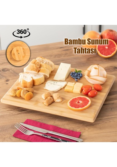 Porsima Bambu Peynir Pizza Tahtası Sunum Tahtası 360 Derece Dönen Yuvarlak Lüx Servis 35 X 30 X 1.5 Cm Diğer