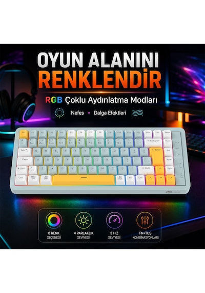 Lecoo GK805 Bluetooth 5.0 / 2.4 GHz / USB 3 Modlu RGB 85 Tuş Gasket Membran Türkçe Q Oyuncu Klavyesi