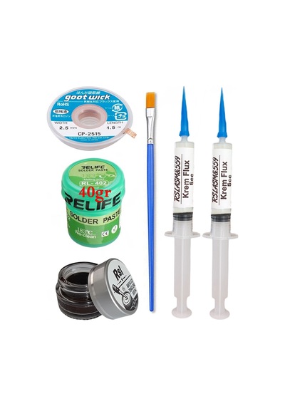 Relıfe Rl-402 Krem Lehim 183 C 40gr Havya Uç Temizleyici Flux Lehim Toplama Cp-2515 Emme Teli Fırça Seti01