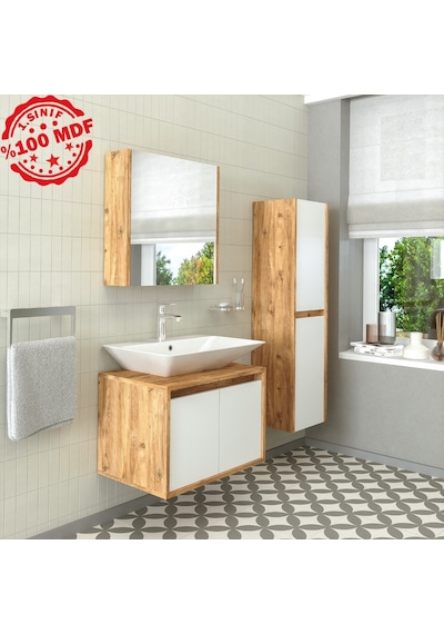 Banos Roomart Lavabolu Ahşap-Mat Beyaz Mdf 65 Cm Banyo Dolabı+A.. Beyaz