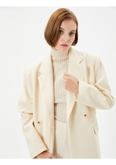 Koton Oversize Kaşe Kaban Kapaklı Cepli Düğmeli Ekru 4wak00106ew 4WAK00106EW010 Ekru