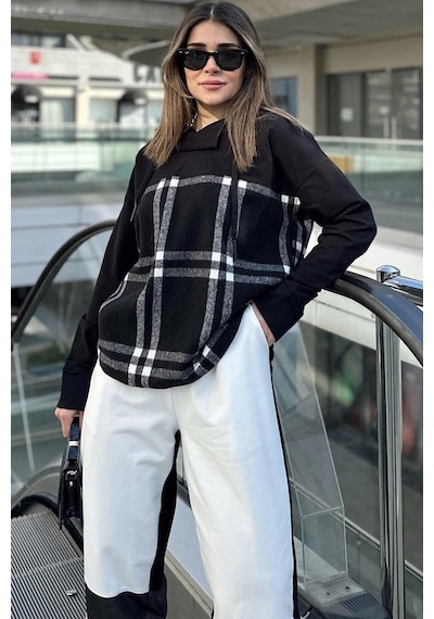 WeShaya Kadın Siyah Ekose Garnili, Rahat Kesim, Kapüşonlu İki İplik Sweatshirt Siyah