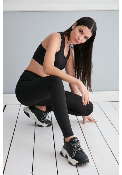 Thin Shop Fitilli Bağcıklı Toparlayıcı Tayt - Siyah Tayt - Fitilli Tayt Siyah