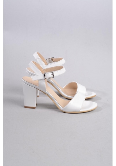 Seç Kundura Seç 0032 Hakiki Deri Tek Bant Sandalet Topuk Boyu 8,5cm Beyaz - 37 Beyaz