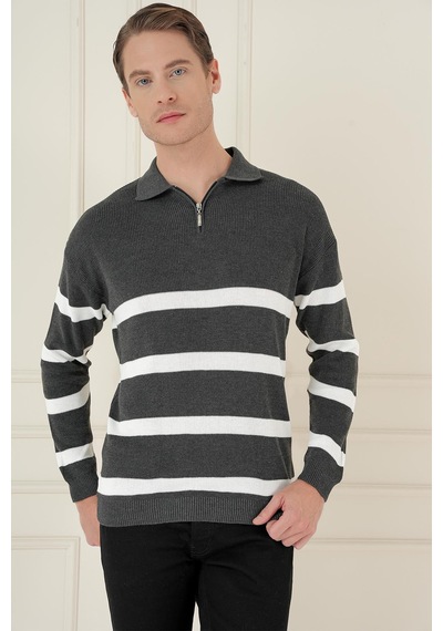Efor Slim Fit Çizgili Fermuarlı Polo Yaka Antrasit Triko Kazak Tr 877 Antrasit