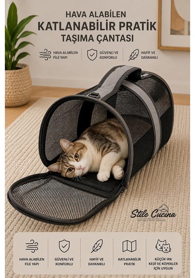 Fileli Kedi Ve Köpek Taşıma Çantası, Katlanabilir, 8 Kg, 42x25x28 Cm