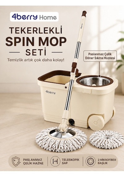 Tekerlekli Spin Mop Seti- Pedallı Sıkma Hazneli, Mikrofiber Başlıklı Ve Teleskopik Saplı Temizlik Seti