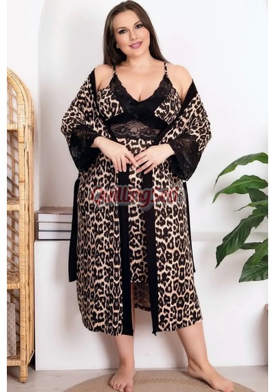 Lady Siyah Renk Leopar Desenli 19204 Askılı, Battal, Büyük Beden 2li Sabahlıklı Anne Gecelik Takım