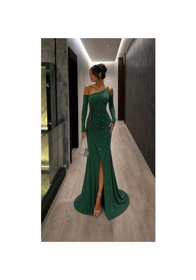 DefyModa Kadın Günlük Tek Omuz Taş Detaylı Abiye Elbise Zümrüt