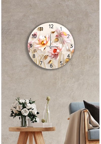 Çap 27 Cm Ballı Çiçekler Dekoratif Cam Saat Çok Renkli