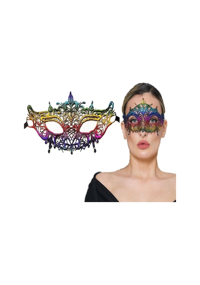 Rengarenk Dantel Kesim Dantel İşlemeli Balo Parti Maskesi Gökkuşağı Pop