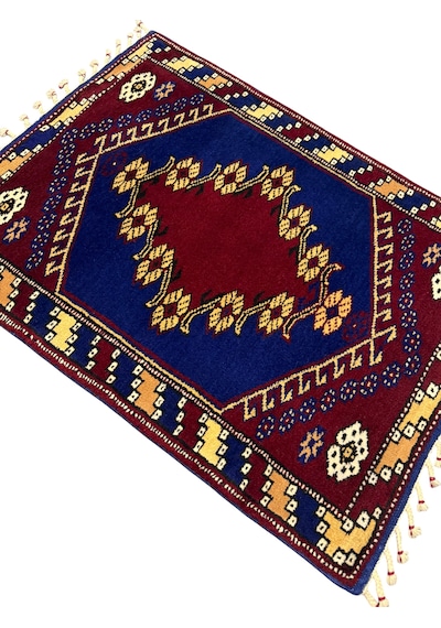 El Dokuma Kız Bergama Halısı 69x94 Kök Boya Lacivert Bordo %100 Yün Halı
