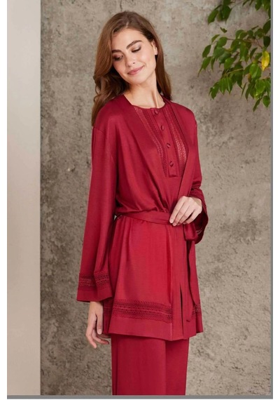 Pierre Cardin 2800 Kadın Penye Dantelli Sabahlıklı Pijama Takım-bordo Bordo