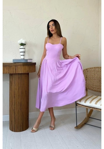 Defymoda Lila Göğüs Kuplu Uzun Büzgülü Elbise Lila