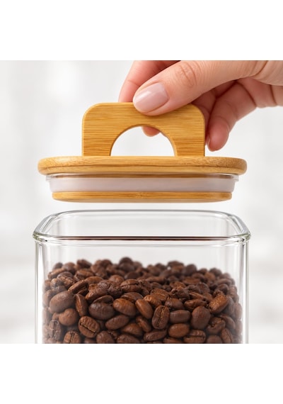 Bambu Kapaklı Kare Borosilikat Cam Kavanoz 1100 Ml, 10 15 Cm, Contalı Tutma Kulplu Şeffaf Erzak Kabı, Kahve Bakliyat Kuruyemiş Ve Kuru Gıda Saklama Kavanozu Çok Renkli