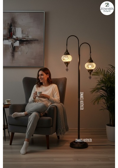 El Yapımı Otantik Mozaik Dekoratif Kollu Lambader 2 Li Beyaz - 821456970 Diğer