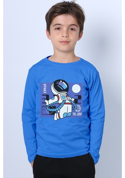 Hçm Erkek Çocuk Uzun Kollu Tshirt Astronot Baskılı Bisiklet Yaka B40 Mavi