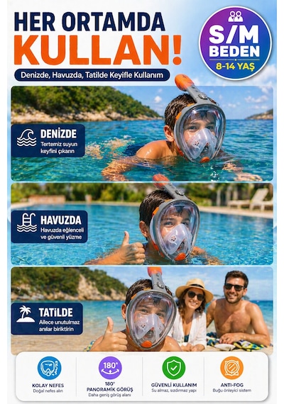 Turuncu Gri Full Face Şnorkel Maske S/m Beden 8-14 Yaş Çocuk Tam Yüz Dalış Seti Katlanabilir