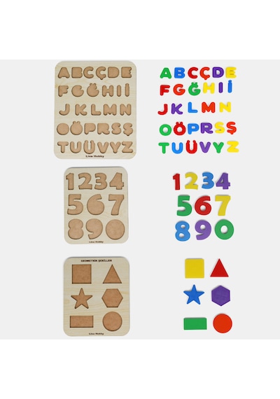 Ahşap Eğitici Puzzle Seti Türkçe Alfabe + Sayılar + Geometrik Şekiller 3lü Set Montessori Öğretici Set 1 Adet