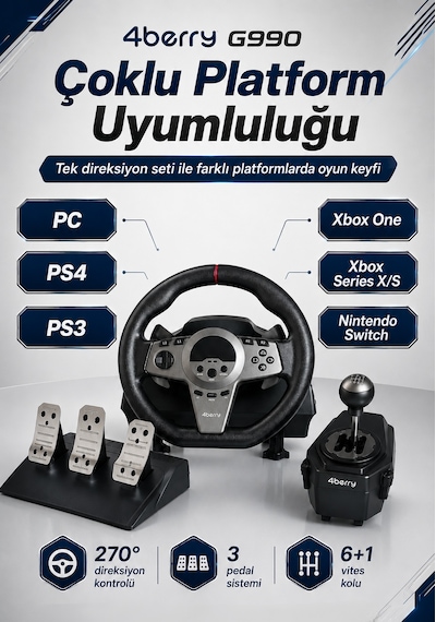 G990 270 Gaming Direksiyon Seti 6+1 Vitesli, 3 Pedallı, Titreşimli Yarış Simülasyonu