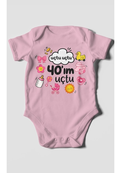 Morivokids Uçtu Uçtu 40'ım Uçtu Kısa Kollu Bebek Body %100 Pamuk Koyu Pembe