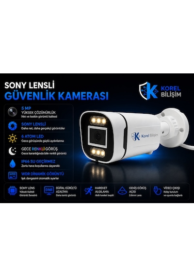 Korel Bilişim 2 Kameralı 6 Ledli 5 Mp Sony Lensli Gece Renkli Güvenlik Kamerası Seti 320 Gb