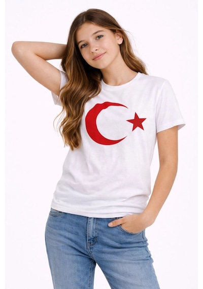 Kız Çocuk Tişört Bisiklet Yaka Ay Yıldız Bayrak Baskılı T-shirt - Beyaz Çok Renkli