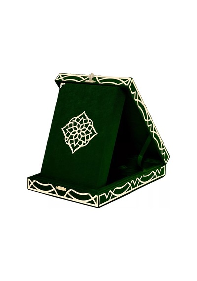 Kadife Kutulu Kur'an-ı Kerim Orta Boy, Pleksili Desen, Yeşil