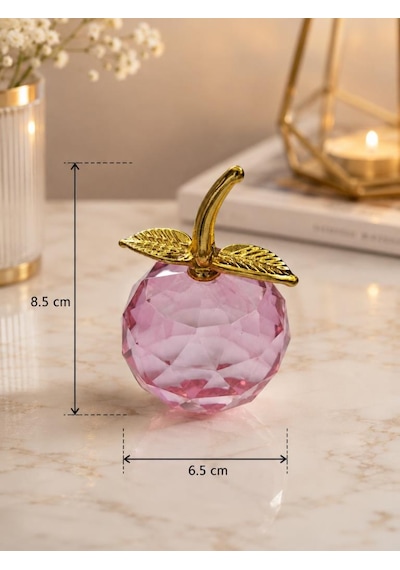 Pembe Kristal Elma Biblo Orta Boy 8.5 Cm Dekoratif Cam Elma Süsü Gold Yapraklı