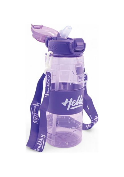 Hello Pipetli Suluk - Günlük Spor Su Şişesi - Renkli Boyun Askılı Okul Çocuk Suluğu 800 Ml Mor