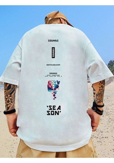 Erkek Beyaz Oversize Sea Son Baskılı Örme T-shirt Beyaz-59099