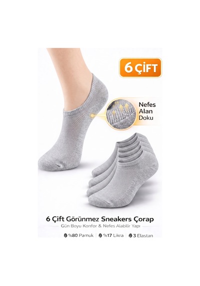 Worthy Socks 6'lı Unisex Pamuklu Yıkamalı Nefes Alan Sneakers Görünmez Çorap 6 Çift Gri