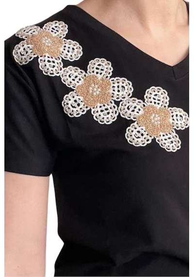 Cassime Kadın Siyah %100 Pamuk Regular/normal Kalıp Çiçek Nakışlı Örme T-shirt
