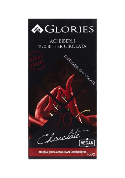 Glorıes Tablet Çikolata 100g Biber Kakao %70 Bitter Vegan Belçika Çikolatası Tarı