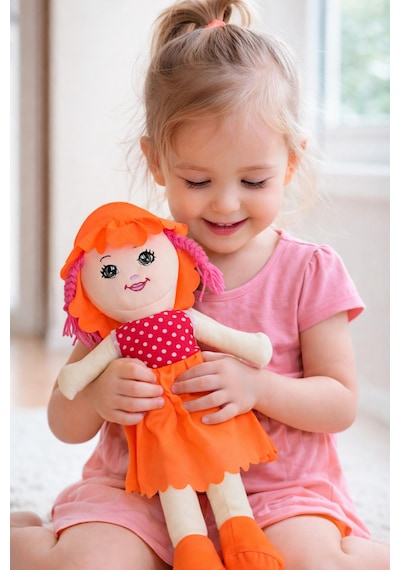 Kız Oyuncak Bebek Elbiseli Oyuncak Bez Bebek 50 Cm Bez Bebek Özel Yapım Premium Turuncu Bebek 001