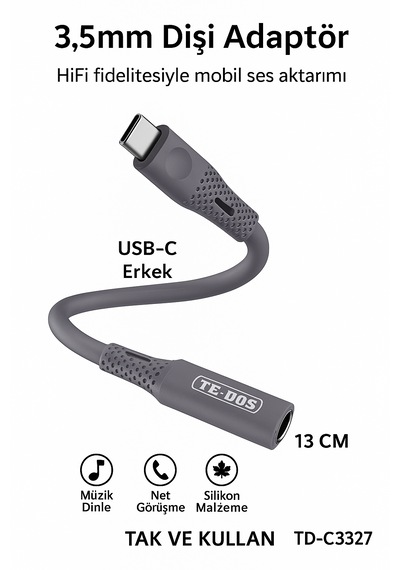 Td-c3327 Type-c-3.5mm Kulaklık Dönüştürücü Hifi Ses Aktarımı Dac Çipli Tak Ve Kullan 13cm