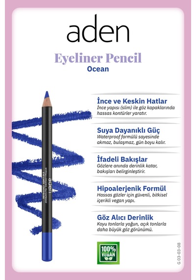 Aden Eyeliner Pencil Waterproof - Suya Dayanıklı Eyeliner Kalem 08 Ocean Okyanus Diğer