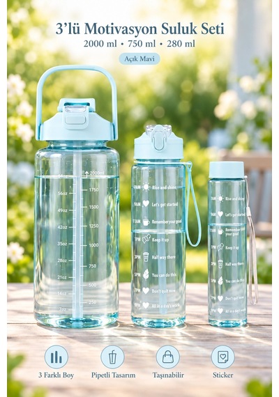 Tilbe Home 3lü Motivasyonel Suluk Matara Seti 2000+750+280ml Pipetli Sticker Askılı Spor Okul Su Şiş Mavi